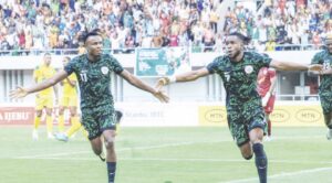 • Super Eagles players celebrating a goal against the Cheetahs of Benin.
