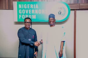 Prof. Charles Anosike, Director General and Chief Executive Officer of the NiMet, and Alhaji Abdulateef O.T. Shittu, Director General of the Nigeria Governors’ Forum, at a meeting at NGF’s Office in Abuja over the weekend to discuss collaboration on presenting weather and climate information to Nigerians