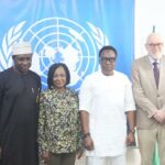 L-R: Arch Umar Ibrahim Mohammed, Director General, Nigeria Hydrological Services Agency (NIHSAL), Awoibi Joe-Ukairo, Acting Director, Planning Research and Statistics at NIHSA, Prof. Charles Anosike, DG/CEO NiMet, and Trond Jensen, the Head of Office for the United Nations Office for the Coordination of Humanitarian Affairs (OCHA) in Nigeria, at the one-day ‘Roundtable Meeting On Anticipatory Action Framework For Nigeria’, in Abuja.
