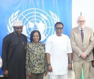 L-R: Arch Umar Ibrahim Mohammed, Director General, Nigeria Hydrological Services Agency (NIHSAL), Awoibi Joe-Ukairo, Acting Director, Planning Research and Statistics at NIHSA, Prof. Charles Anosike, DG/CEO NiMet, and Trond Jensen, the Head of Office for the United Nations Office for the Coordination of Humanitarian Affairs (OCHA) in Nigeria, at the one-day ‘Roundtable Meeting On Anticipatory Action Framework For Nigeria’, in Abuja.