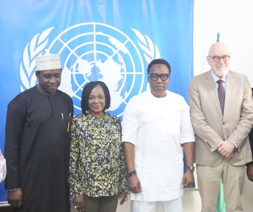 L-R: Arch Umar Ibrahim Mohammed, Director General, Nigeria Hydrological Services Agency (NIHSAL), Awoibi Joe-Ukairo, Acting Director, Planning Research and Statistics at NIHSA, Prof. Charles Anosike, DG/CEO NiMet, and Trond Jensen, the Head of Office for the United Nations Office for the Coordination of Humanitarian Affairs (OCHA) in Nigeria, at the one-day ‘Roundtable Meeting On Anticipatory Action Framework For Nigeria’, in Abuja.