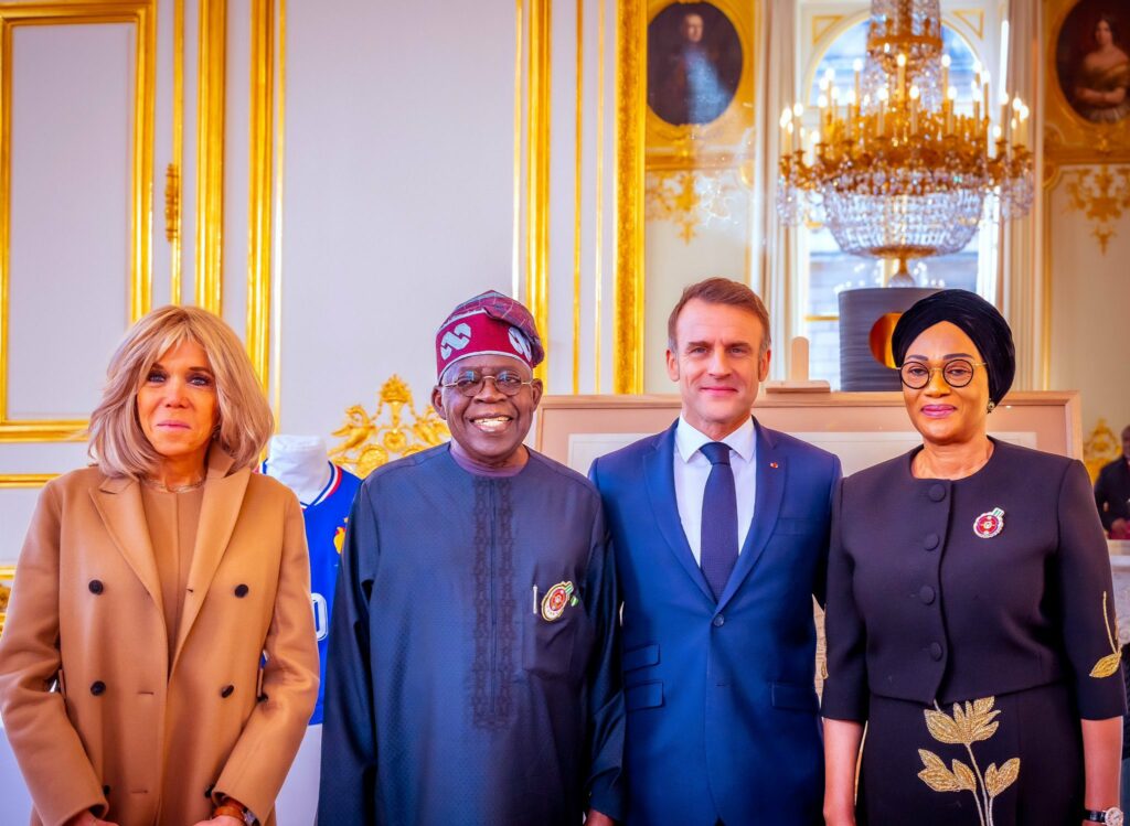 L-R: Spouse of the President of France Brigitte Macron, Nigerian President Bola Tinubu, French President Emmanuel Macron, Nigerian First Lady Oluremi Tinubu