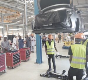 Geely car assembly line inside Coscharis auto plant in Lagos