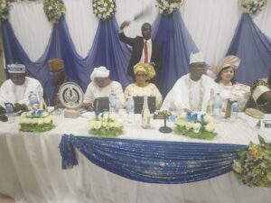 L-R- Atoloye Aare Onakakanfo of Yorubaland, Chief Babajide Tanimowo; Ogunpitan; Mayor Lowe; Mrs Jallon, Aare Adams and wife, Ayinba Ayomide, at the event