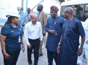 Dangote Sinotruk CEO, Hikmat Bahadur Thapa (2nd from left), and a member of the Marketing team, Stella Ekemezie (left), welcoming the NADDC DG, Mr. Joseph Osanipin; and Chairman of House of Reps Industry Committee, Hon. Enitan Dolapo-Badru, and to the trucks plant in Ikeja, Lagos.