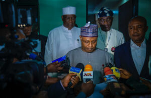 Governor Uba Sani of Kaduna State addresses journalists as he reads the communiqué from the Nigeria Governors’ Forum’s 11th meeting of 2024. He is joined by Governors Peter Mba of Enugu, Hyacinth Alia of Benue, and the Director-General of the NGF, Abdulateef Shittu
