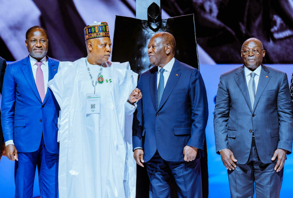 Vice President Kashim Shettima (middle); Côte d’Ivoire President Alassane Ouattara (2nd from left);  Vice President of Côte d’Ivoire Tiémoko Meyliet Koné (left) and Minister of Mines, Oil and Energy of Côte d’Ivoire, Mamadou Sangafowa-Coulibaly (right) during the inaugural International Exhibition of Extractive and Energy Resources (Salon International des Ressources Extractives et Energétiques – SIREXE) in Abidjan, Côte d’Ivoire on Wednesday, 27th November, 2024