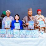 Vice President Kashim Shettima (m); Deputy Speaker of the House of Representatives, Benjamin Kalu (2nd from right); Chairman, Senate Committee on Special Duties, Kaka Shehu Lawan (far right); UNICEF Country Representative in Nigeria, Cristian Munduate (3rd from left); Director General of the National Emergency Management Agency (NEMA), Zubaida Umar (2nd from left) and former deputy speaker/ member representing Wase Federal Constituency at the National Assembly, Ahmed Idris Wase (far left) during the launch of Nigeria Hazard Risk Countrywide Analysis 2024 at Fraser Suites, Abuja on Thursday (05/12/2024)