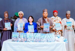 Vice President Kashim Shettima (m); Deputy Speaker of the House of Representatives, Benjamin Kalu (2nd from right); Chairman, Senate Committee on Special Duties, Kaka Shehu Lawan (far right); UNICEF Country Representative in Nigeria, Cristian Munduate (3rd from left); Director General of the National Emergency Management Agency (NEMA), Zubaida Umar (2nd from left) and former deputy speaker/ member representing Wase Federal Constituency at the National Assembly, Ahmed Idris Wase (far left) during the launch of Nigeria Hazard Risk Countrywide Analysis 2024 at Fraser Suites, Abuja on Thursday (05/12/2024)