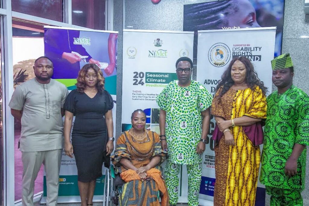 Left to Right: Barrister Shola Gabriel, Director of Legal Services, NiMet, Barrister Nneka Eze, Assistant Chief Legal Officer, NiMet, Mrs Patience Ogolo-Dickson, Executive Director, Advocacy For Women With Disabilities Initiative (AWWDI), Professor Charles Anosike, DG NiMet, Mrs. Gloria Onyegbule, Director of the Department of Applied Meteorological Services – DAMS (NiMet), and Mr. Kolawole Jayson’s, Programme Manager, AWWDI, during the MoU signing between NiMet and AWWDI to enhance the availability of information on weather and climate to persons with disability in Nigeria at NiMet Headquarters in Abuja