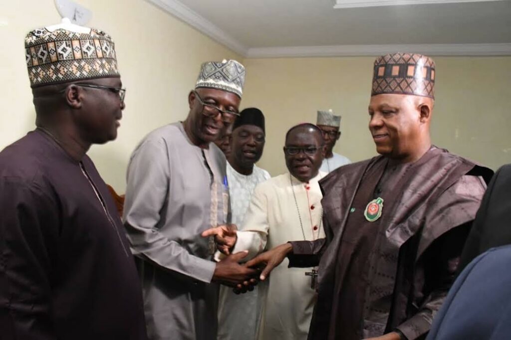 From left. Sardaunan of Ikulu, Alhaji Ismail Yusuf Ashafe ; National President Ikulu Development Association, Bature Likoro and Vice President Kashim Shettima during Vice President Condolence visit to Kukah family for the death of His Highness Yohanna Sidi Kukah, Agwom Akulu (Ikulu Chiefdom), at Ikulu in Zangon Kataf Kaduna on Sunday (29/12/2024)