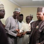 From left. Sardaunan of Ikulu, Alhaji Ismail Yusuf Ashafe ; National President Ikulu Development Association, Bature Likoro and Vice President Kashim Shettima during Vice President Condolence visit to Kukah family for the death of His Highness Yohanna Sidi Kukah, Agwom Akulu (Ikulu Chiefdom), at Ikulu in Zangon Kataf Kaduna on Sunday (29/12/2024)