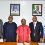 Member, Ambrose Alli University (AAU) Special Intervention Team (SIT), Mrs. Imoh Okundaye; Acting Vice Chancellor, AAU, Prof. Asomwan Sonnie Adagbonyin; Chairman, AAU SIT, Andrew Olotu; Acting Registrar, AAU, Ambrose Odiase and member, AAU SIT, Prof. Esther Okhuoria, during the presentation of report by the University Staff Disciplinary Committee to the Chairman, Special Intervention Team, at the Government House, in Benin City, on Monday, May 22, 2023