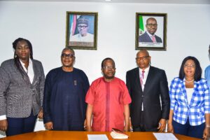 Member, Ambrose Alli University (AAU) Special Intervention Team (SIT), Mrs. Imoh Okundaye; Acting Vice Chancellor, AAU, Prof. Asomwan Sonnie Adagbonyin; Chairman, AAU SIT, Andrew Olotu; Acting Registrar, AAU, Ambrose Odiase and member, AAU SIT, Prof. Esther Okhuoria, during the presentation of report by the University Staff Disciplinary Committee to the Chairman, Special Intervention Team, at the Government House, in Benin City, on Monday, May 22, 2023