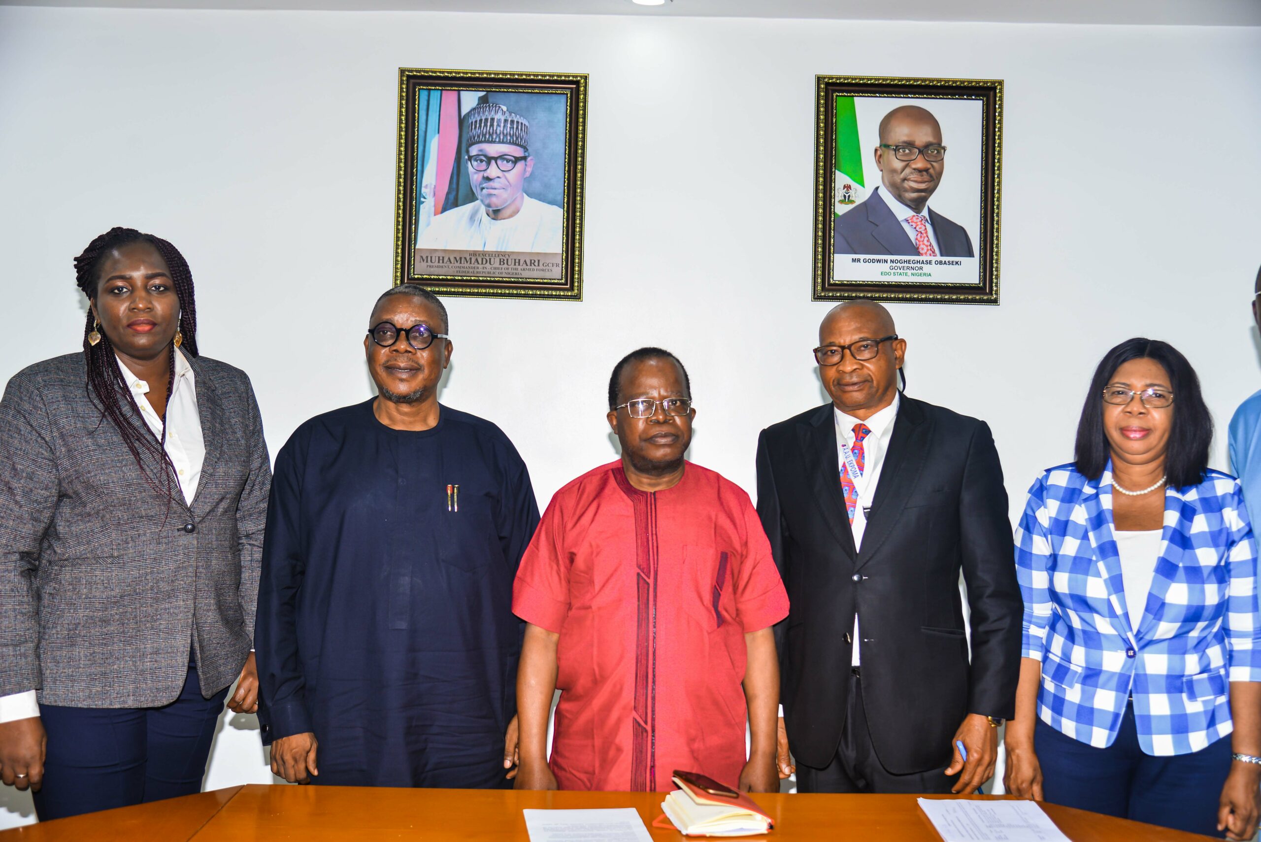 Member, Ambrose Alli University (AAU) Special Intervention Team (SIT), Mrs. Imoh Okundaye; Acting Vice Chancellor, AAU, Prof. Asomwan Sonnie Adagbonyin; Chairman, AAU SIT, Andrew Olotu; Acting Registrar, AAU, Ambrose Odiase and member, AAU SIT, Prof. Esther Okhuoria, during the presentation of report by the University Staff Disciplinary Committee to the Chairman, Special Intervention Team, at the Government House, in Benin City, on Monday, May 22, 2023
