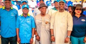 L-R: Executive Director Operations, Nigerian Maritime Administration and Safety Agency, NIMASA, Engr. Fatai Taiye Adeyemi; Executive Director, Maritime Labour and Cabotage Services, Jibril Abba; Former President, Dockworkers Union, Comrade Uzor Ije Ukaumuna; President General, Maritime Workers Union of Nigeria, MWUN, Comrade Adewale Adeyanju and Chairperson, Seaports Terminal Operators of Nigeria ,STOAN,  Princess Vicky Haastrup during the 2024 Day of the Dockworker celebration in Lagos.