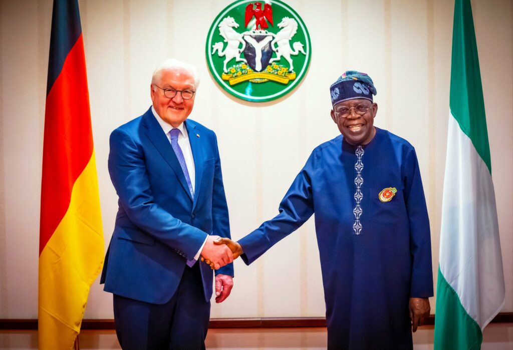Nigerian President Bola Tinubu (R) with German President Frank-Walter Steinmeier (L)