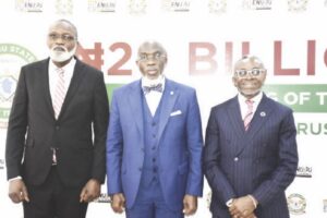 Prof. Chidiebere Onyia, Enugu State SSG; (middle); Dr. Ike Chioke, Chairman, BOT, Enugu State Security Trust Fund (right); and Engr. Chinedu Ani, Executive Secretary, ESSTF at the launch