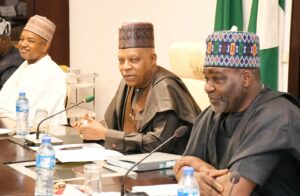Minister of Budget and Economic Planning Abubakar Bagudu; Vice President Kashim Shettima and Deputy Chief of Staff to the President office of the Vice President Senator Ibrahim Hadejia at a meeting on the National Council of Privatization at the Presidential Villa in Abuja on Tuesday, December 3, 2024