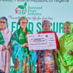 Wife of the Vice President and National Vice Chairman of RHI, Hajia Nana Shettima, First Lady of Nigeria, Oluremi Tinubu and National Chairman of the RHI, Winner of the RHI powered #EveryHomeAGarden Competition, Veronica Kidafa Mabaya from Borno State, wife of the Borno State Governor, Falmata Babagana Zulum and the Minister of State for Agriculture and Food Security Sabi Abdullahi at the announcement of the winner of the competition held at State House Abuja on Wednesday 4th December, 2024