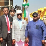 L-R -Secretary Economic and Financial Crimes Commission Mohammad Hammajoda, FCT Minister Nyesom Wike and Chairman, Senate Committee on FCT Area Councils and Ancillary Matters David Jimkuta at the flag off of construction of access road to EFCC Academy in Abuja on Thursday