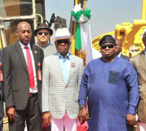 L-R -Secretary Economic and Financial Crimes Commission Mohammad Hammajoda, FCT Minister Nyesom Wike and Chairman, Senate Committee on FCT Area Councils and Ancillary Matters David Jimkuta at the flag off of construction of access road to EFCC Academy in Abuja on Thursday