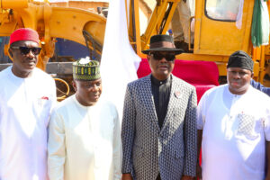 L-R: Senator Mao Ohuambuwa. Chairman, House Committee on the FCT. Hon. Aliyu Betara, FCT Minister Barrister Ezenwo Nyesom Wike and Senator David Jimkuta at the flag-off ceremony of the Kabusa – Ketti road in AMAC on Wednesday
