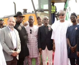 L-R: Managing Director, Zeberced Group, Aidel Aiden Kurt, Vice Chairman, House Committee on Area councils and Ancillary Matters, Peter Akpanke, Member representing Abuja South in the House of Representatives, Abdurrahman Ajiya, FCT Minister, Nyesom Wike, Vice Chairman, Senate Committee on Area Councils and Ancillary Matters,  Salihu Mustapha, Coordinator, STDD, Abdulkadir Zulkiflu at flag off of construction of the A2/ Pai road in Kwali Area Council of the FCT on Tuesday