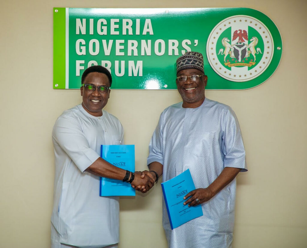 The DG/CEO of NiMet, Professor Charles Anosike (left), and the Director General of the Nigeria Governors’ Forum (NGF), Alhaji Abdulateef O.T. Shittu, at the signing of memorandum of understanding (MoU) on meteorological and climatological data sharing between NiMet and NGF on Wednesday, December 18, 2024