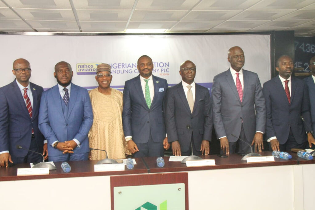 L – R: Godstime Iwenekhai, Head Issuer Regulation, Nigerian Exchange Limited (NGX RegCo); Tony Ibeziako, Head, Primary Market, Nigerian Exchange Limited (NGX); Dr. Umaru Faruk, Non-Executive Director, NGX; Jude Chiemeka, CEO, NGX; Dr. Seinde Oladapo Fadeni, Chairman, NAHCO Aviance Plc; Akinwumi Godson Fanimokun, Vice Chairman, NAHCO Aviance Plc and Dr. Peter Obabore, Executive Director, during the Facts Behind the Figures Presentation by NAHCO Aviance Plc at the Exchange in Lagos