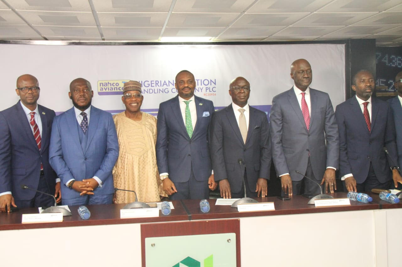L – R: Godstime Iwenekhai, Head Issuer Regulation, Nigerian Exchange Limited (NGX RegCo); Tony Ibeziako, Head, Primary Market, Nigerian Exchange Limited (NGX); Dr. Umaru Faruk, Non-Executive Director, NGX; Jude Chiemeka, CEO, NGX; Dr. Seinde Oladapo Fadeni, Chairman, NAHCO Aviance Plc; Akinwumi Godson Fanimokun, Vice Chairman, NAHCO Aviance Plc and Dr. Peter Obabore, Executive Director, during the Facts Behind the Figures Presentation by NAHCO Aviance Plc at the Exchange in Lagos
