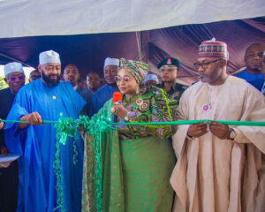 L-R: Member,  House of Representative, Abdullahi Garba; Minister of Women Affairs, Imaan Sulaiman-Ibrahim and Governor of Niger State, Mohammed Bago at the commissioning of Nasarawa Izom 2 Rice Processing Factory at Gurara Local Government, Niger State on Wednesday, December 18, 2024