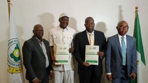L-R: Immediate Past President of NAPPS, Alhaji Olawale Amusa; NAPPS, Lagos President, Chief Alaka Yusuf; CEO/Chairman of DLN, USA, Mr Thomas Larmena; and Executive Vice President, DLN, John Akpan, during the signing ceremony