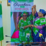 Minister of Women Affairs, Imaan Suleiman-Ibrahim with  Acting National President, National Council of Women Societies (NCWS), Geraldine Etuk, during a courtesy visit in her office,  recently