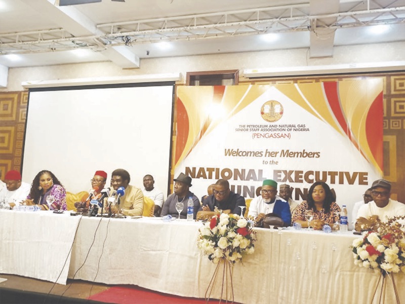 Comrade Osifo (4th left), PENGASSAN president, speaking at the NEC meeting in Lagos, recently