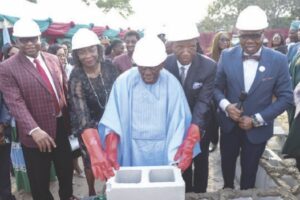 L-R- Prof. Lucian Chukwu; Prof Ogunsola; donor, Chief Fanimokun; Chief Olanipekun and Prof. Osinubi, at groundbreaking ceremony for SPGS building of UNILAG
