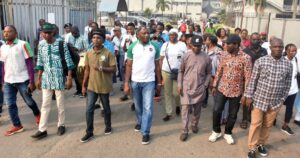 Staff of Lagos Television, Radio Lagos, Eko F.M and Traffic Radio, during a protest in Lagos on Monday (13/1/25) | NAN