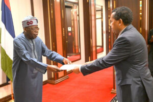 Ethiopia Ambassador to Nigeria, Legesse Geremew Haile presenting his letter to the President Bola Ahmed Tinubu during the presentation of letter credence to the president at the Presidential Villa Abuja on Thursday.