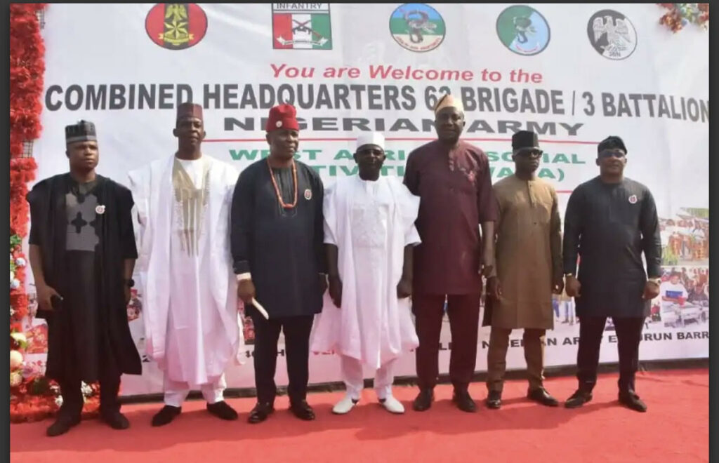 The General Officer Commanding (GOC) 6 Division of the Nigerian Army, Major General Jamal Abdussalam, (white in the middle) flanked by the Commander 63 Brigade, Brigadier General Ugochukwu Unachukwu and other senior military officers at the event