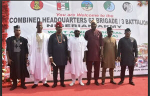 The General Officer Commanding (GOC) 6 Division of the Nigerian Army, Major General Jamal Abdussalam, (white in the middle) flanked by the Commander 63 Brigade, Brigadier General Ugochukwu Unachukwu and other senior military officers at the event