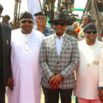 (L-R)  Mao Ohuabuwa, Former Senator representing the FCT, Philip Aduda, FCT Minister, Nyesom Wike, Chairman Senate Committee on FCT Area Councils and Ancillary Matters, David Jimkuta, Chairman, House Committee on FCT Area Councils and Ancillary Matters, Fred Agbedi during the commissioning of the temporary access road to Saburi 1 and 2 communities in AMAC on Saturday