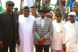 (L-R)  Mao Ohuabuwa, Former Senator representing the FCT, Philip Aduda, FCT Minister, Nyesom Wike, Chairman Senate Committee on FCT Area Councils and Ancillary Matters, David Jimkuta, Chairman, House Committee on FCT Area Councils and Ancillary Matters, Fred Agbedi during the commissioning of the temporary access road to Saburi 1 and 2 communities in AMAC on Saturday