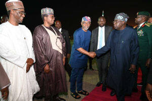 From right: President Bola Tinubu; Chief of Staff to the President, Femi Gbajabiamila; Minister of state Defence, Bello Mutawalle; National Security Advised, Nuhu Ribadu and Alhaji Masari during the President arrival from African energy summit in Tanzania held in Abuja on Tuesday