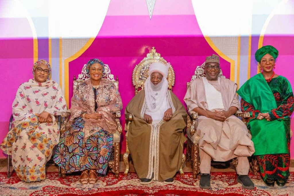 L-R: Wife of the Vice President of Nigeria Hajia Nana Shettima, First Lady of Nigeria Oluremi Tinubu, Emir of Ilorin, His Royal Majesty, Alhaji (Dr). Ibrahim Sulu- Gambari, Kwara State Governor Abdulrazaq, Abdulrahman, wife of the governor of Kwara State Olufolake Abdulrazaq, after the First Lady of Nigeria, paid a courtesy visit to the Emir of Ilorin on Tuesday 28th January 2025 in his palace in Kwara State