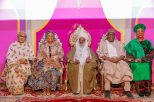 L-R: Wife of the Vice President of Nigeria Hajia Nana Shettima, First Lady of Nigeria Oluremi Tinubu, Emir of Ilorin, His Royal Majesty, Alhaji (Dr). Ibrahim Sulu- Gambari, Kwara State Governor Abdulrazaq, Abdulrahman, wife of the governor of Kwara State Olufolake Abdulrazaq, after the First Lady of Nigeria, paid a courtesy visit to the Emir of Ilorin on Tuesday 28th January 2025 in his palace in Kwara State