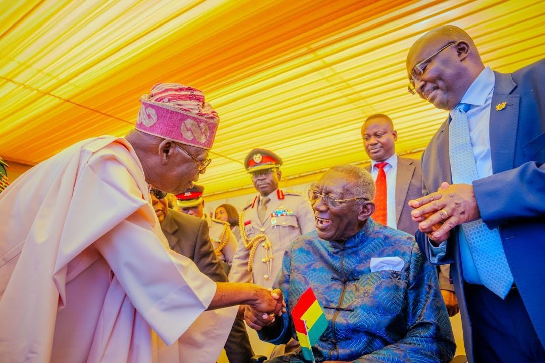 President Bola Tinubu exchanging pleasantries with former President of Ghana John Kufour. January 7, 2025