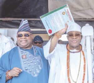 •Governor Adeleke (left) and the new Owa Obokun