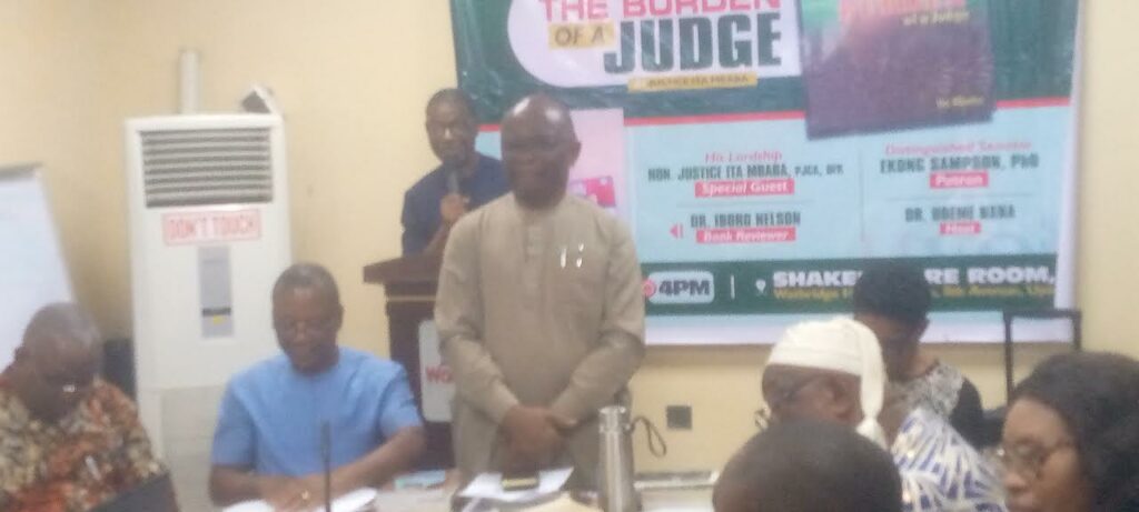 Retired Justice Ita Mbaba during the reading of his ” The Burden of A Judge at Uyo Book Club