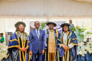 Delta State Deputy Governor, Sir Monday Onyeme (2nd right), representative of Governor Sheriff Oborevwori, former Governor of Delta State,  Dr Ifeanyi Okowa (2nd left), the Vice Chancellor, University of Delta (UNIDEL), Agbor, Prof Stella Chiemeke (right), and Deputy Vice Chancellor, Prof Patricia Mbah during the 4th Founder’s Day Celebration of the institution at Agbor, Ika South LGA on Wednesday. Pix: Bripin Enarusai