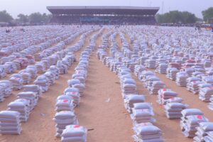 Bags of rice, millet during the distributions at Ramat Square Maiduguri, Borno State on Wednesday, February 26, 2025